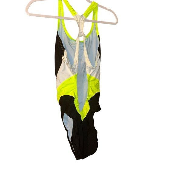 Nike Victory Color Block Power Back Tank Swimsuit Size 12 black neon yellow - Picture 2 of 4